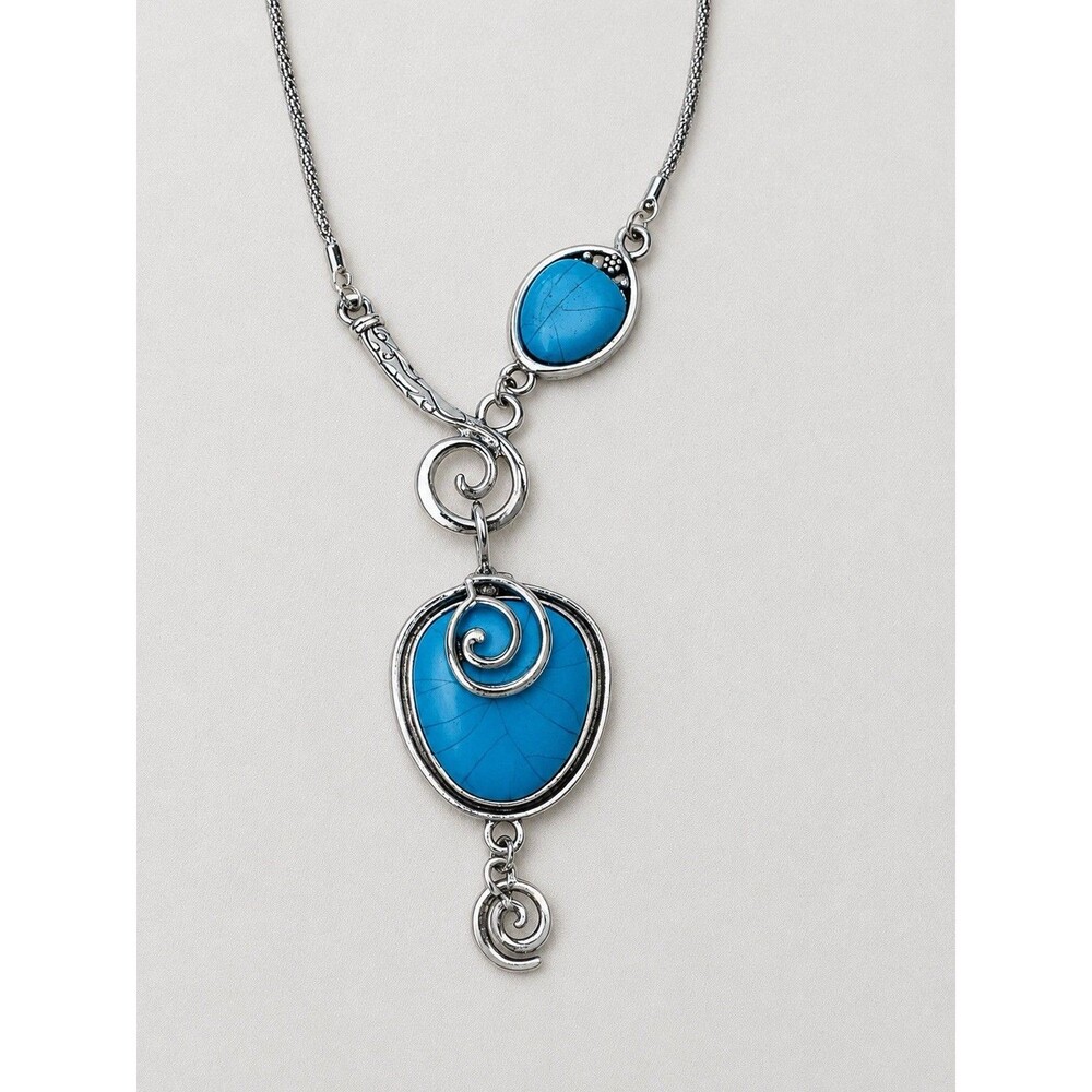 Bohemian Silver Tone Tibetan Turquoise Pendant Necklace Statement Jewelry